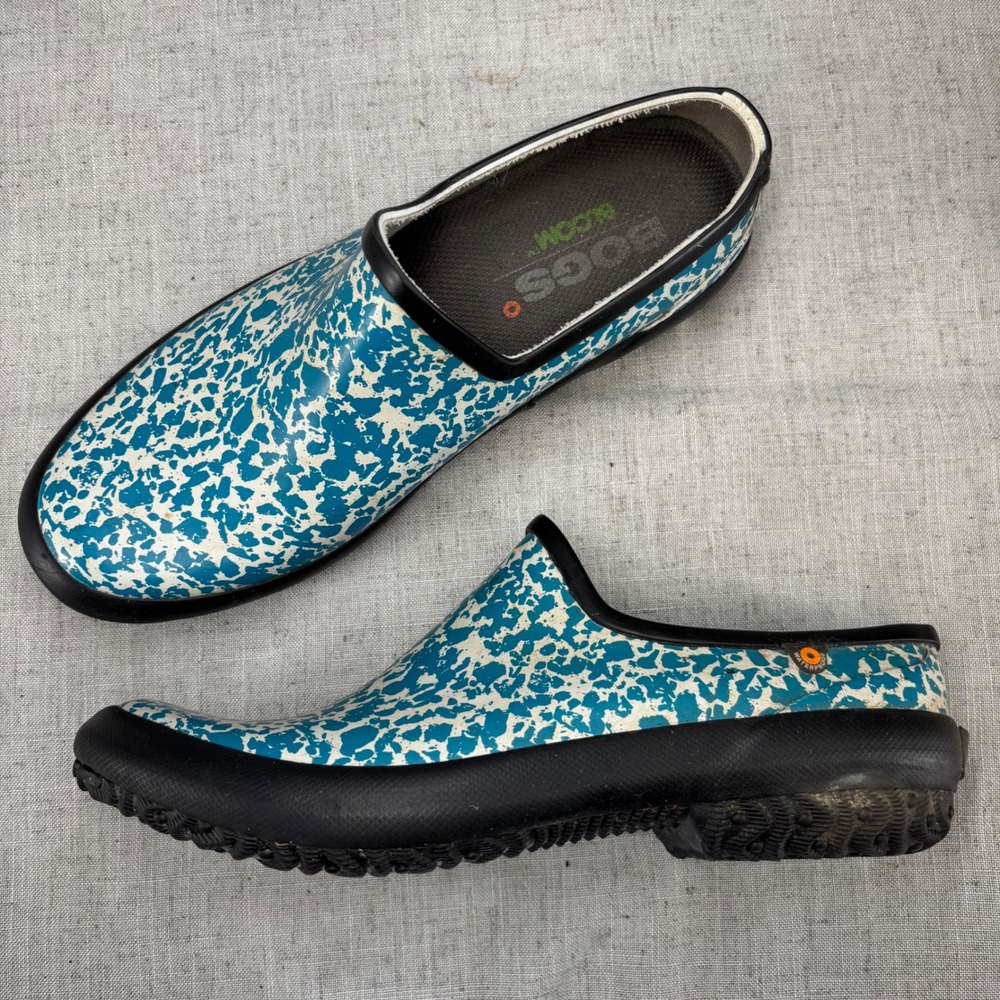 Bogs Patch Clogs Teal White Splatter Garden Shoes‎ Waterproof Women Size 10